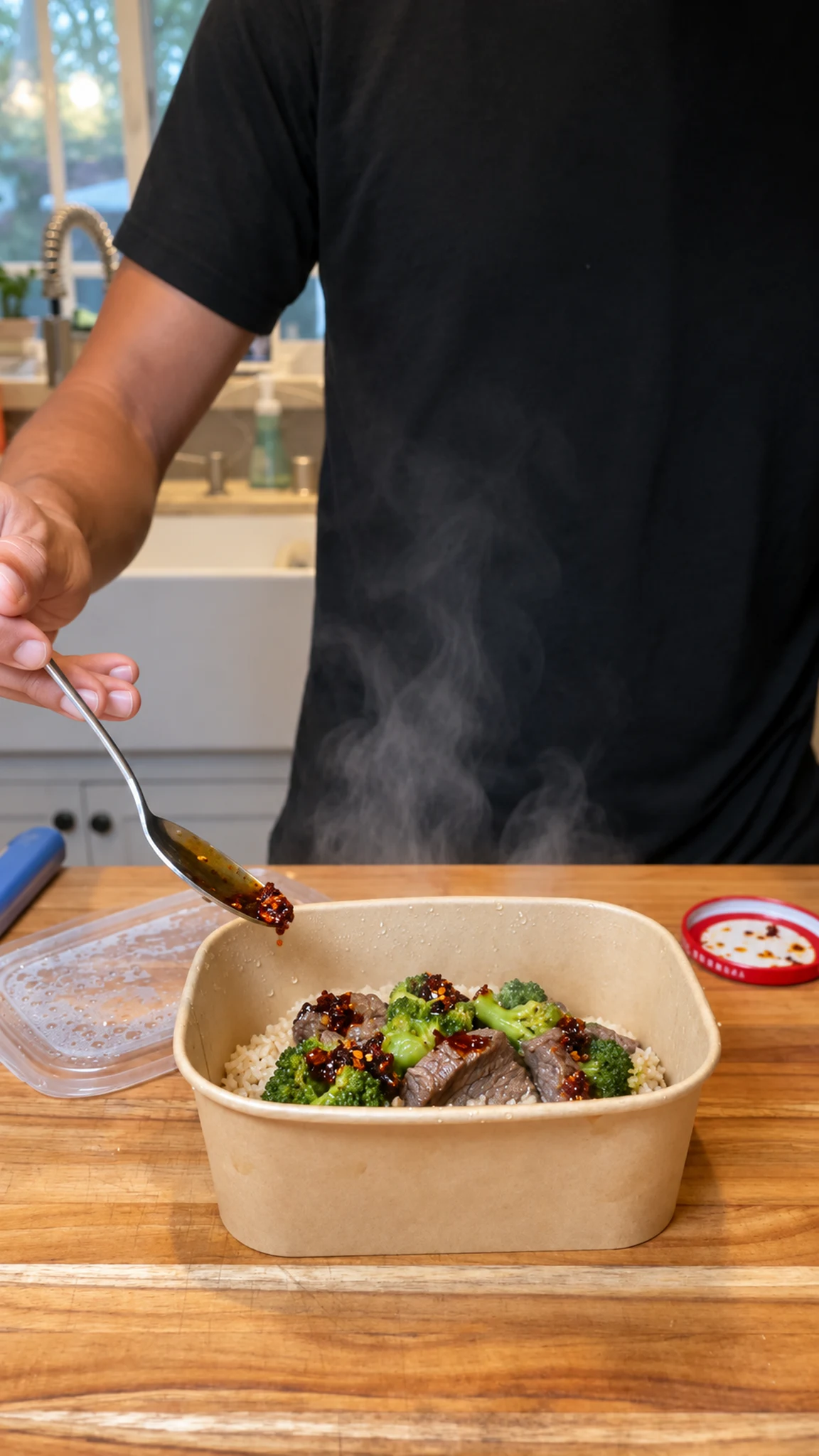 Chili crisp being added to a finished adult beef and broccoli bowl