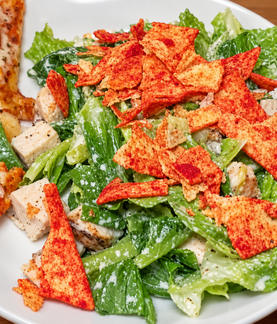 Filmed chicken Caesar salad with crunchy Quest chips on the dinner plate