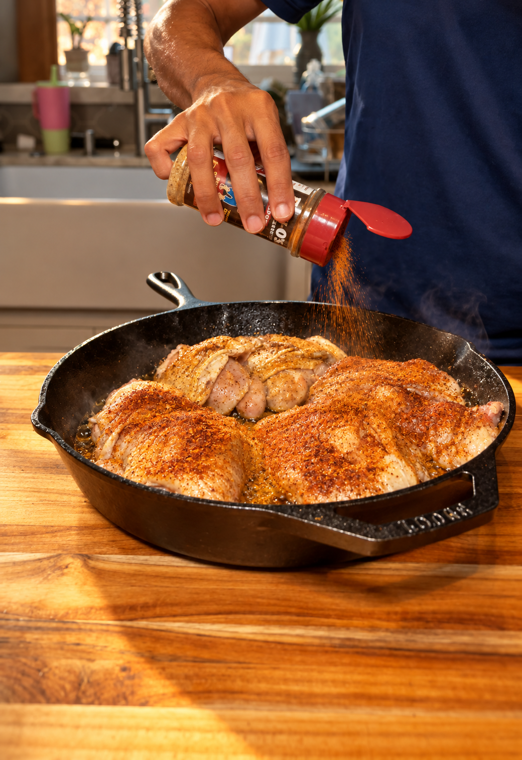 Spicy seasoning being added to the adult side of the chicken pan