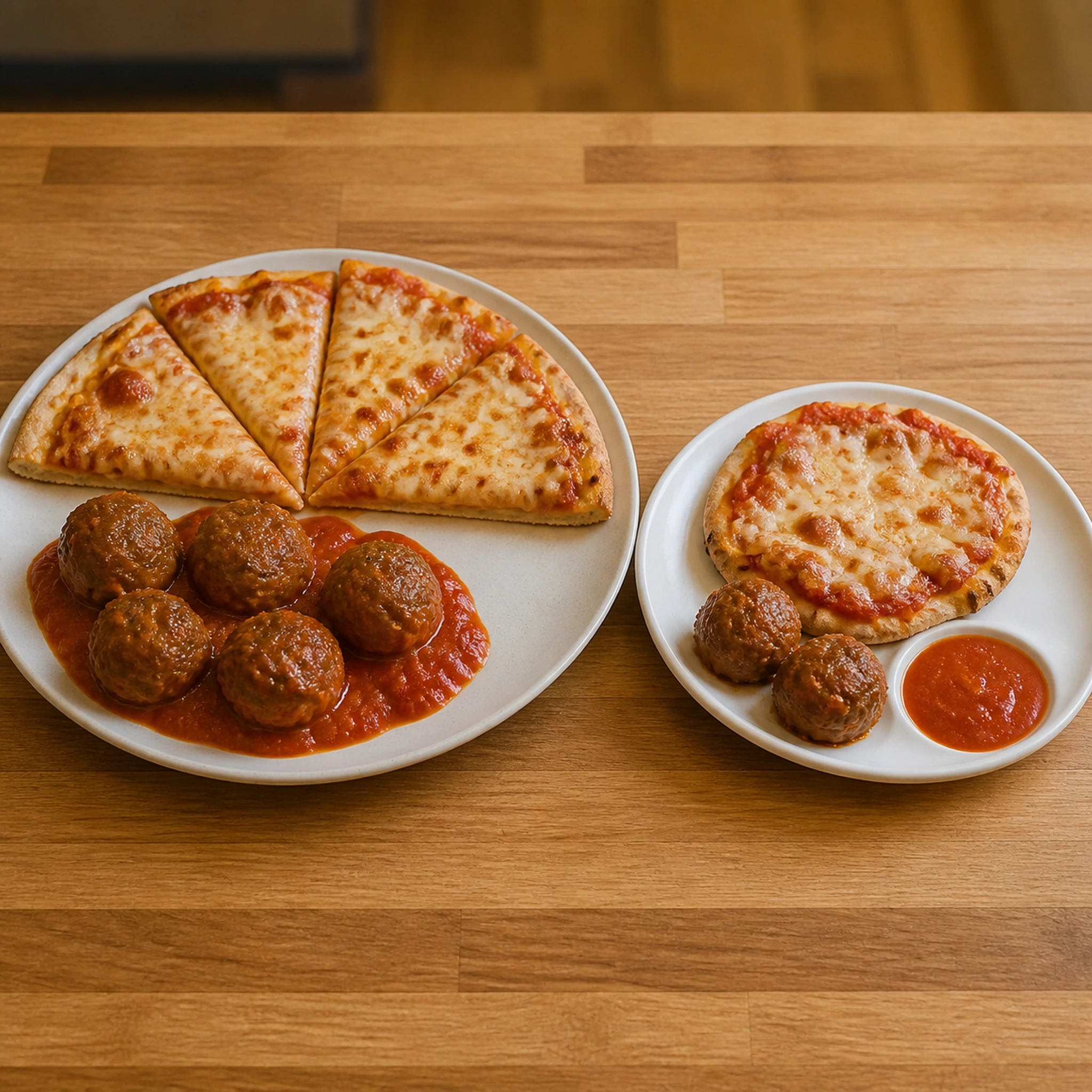 Split plate — adult half-pizza plus five lean-beef meatballs next to a kid's single-serve pizza and two meatballs