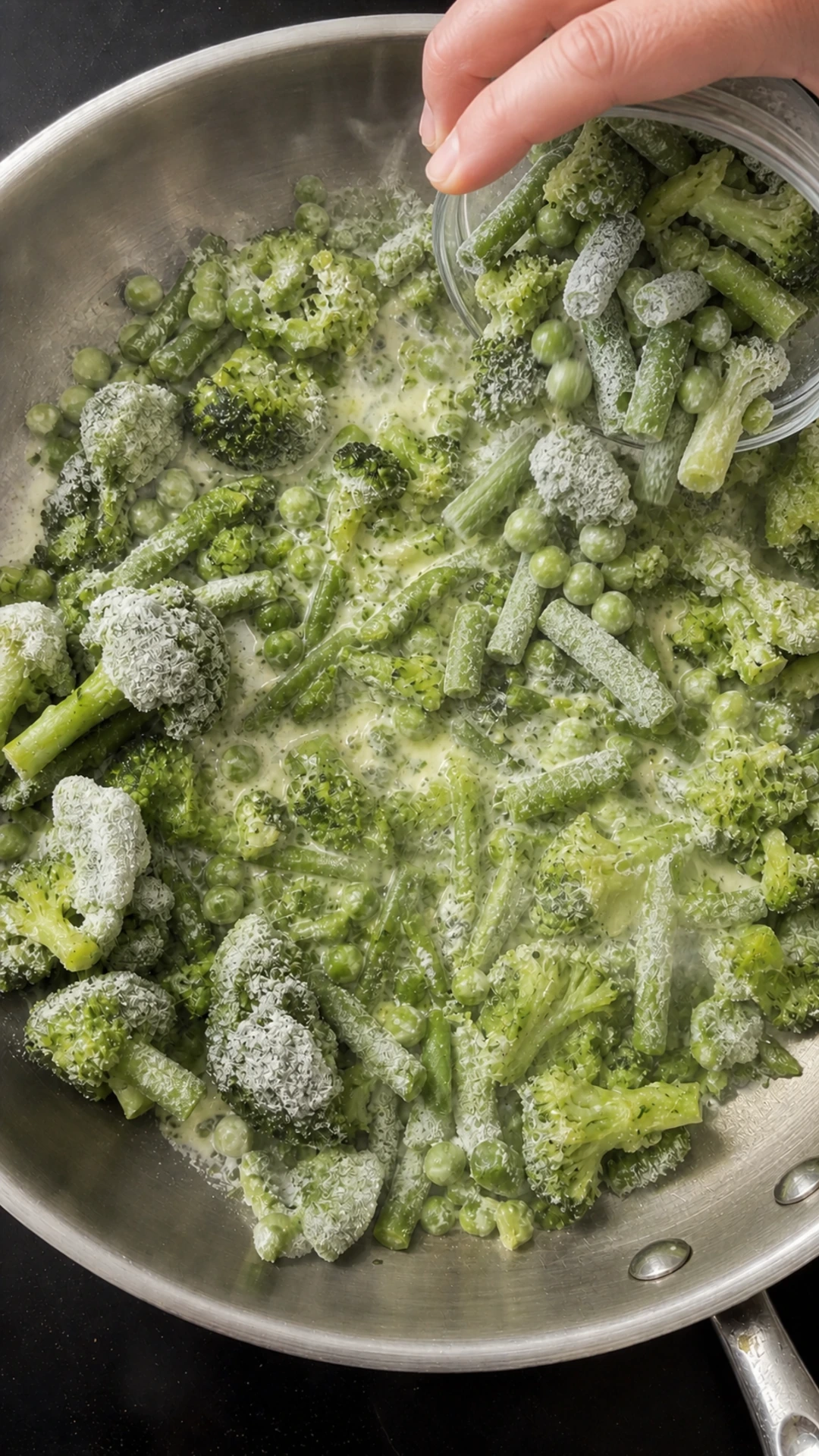Step photo: add frozen greens polished